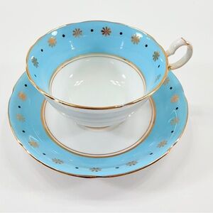 Royal Grafton Teacup Cup & Saucer Fine Bone China England Sky Blue Gold Trim Vtg